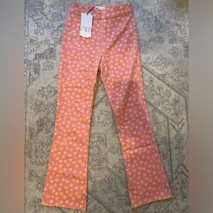 ZARA pink and yellow floral slim crop flare jeans